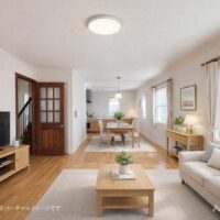 建具やサッシのデザインが輸入住宅らしい柔らかさ。（家具やインテリアはバーチャル画像です））